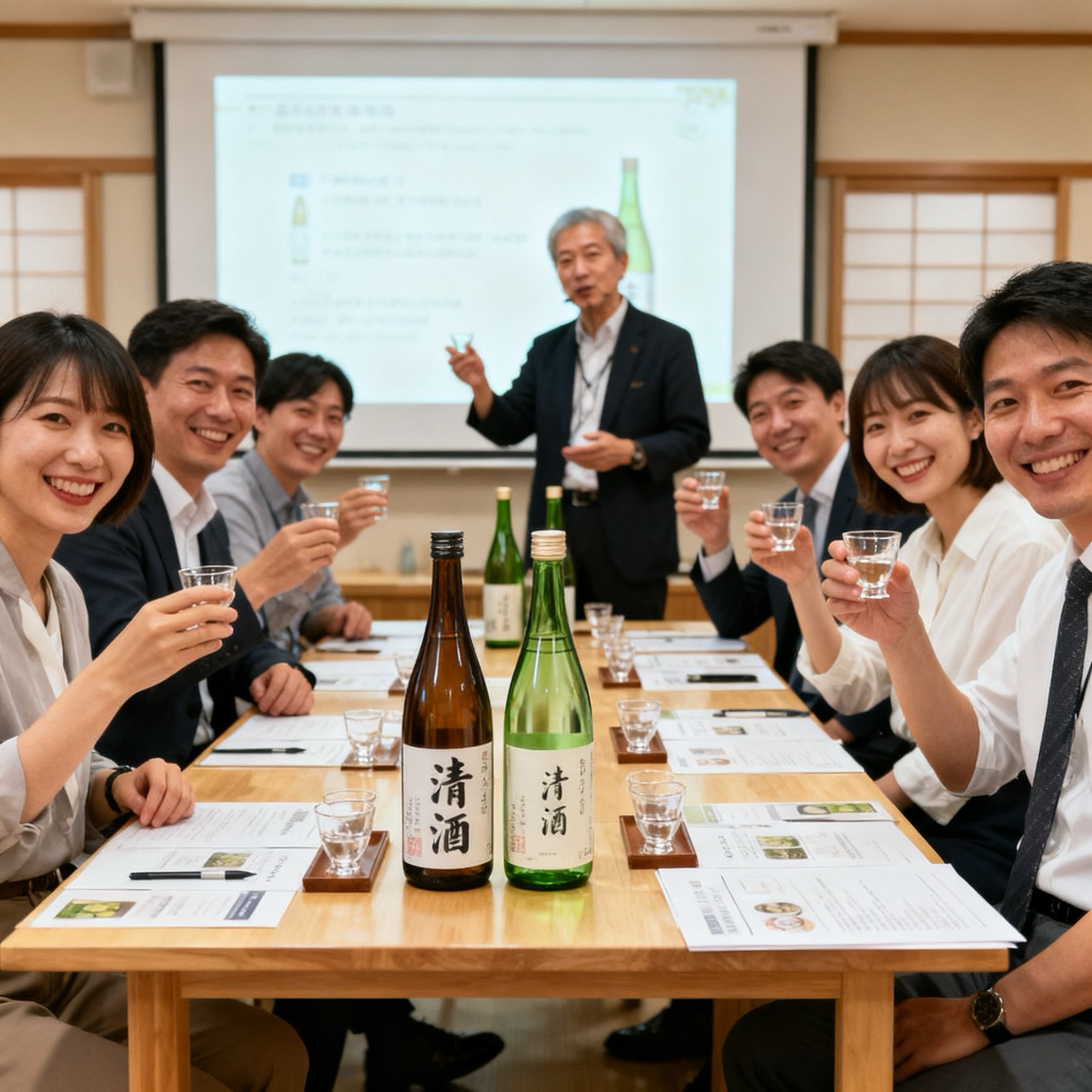 Corporate group wine tasting at long table